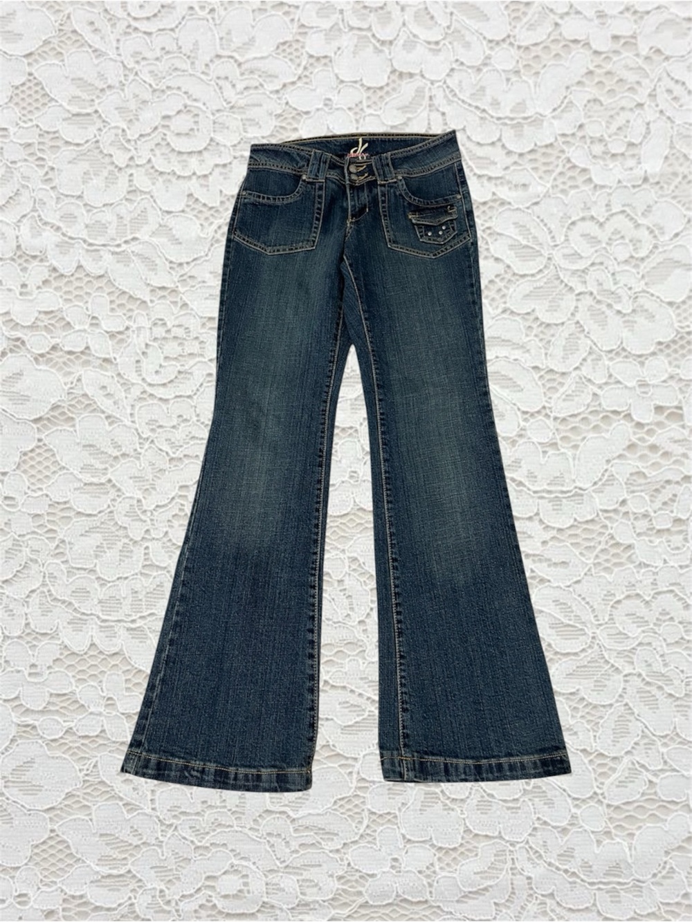 vintage dark wash low rise flare embellished jeans